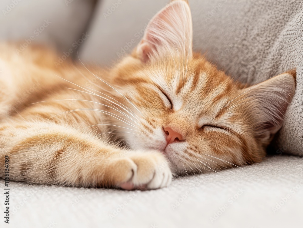 A red haired kitten is sleeping sweetly on a soft sofa, and his sleep is enveloped in an atmosphere of warmth and comfort. His fluffy body gives you a feeling of comfort and relaxation. A red haired kitten is sleeping sweetly on a soft sofa, and his sleep is enveloped in an atmosphere of warmth and comfort. His fluffy body gives you a feeling of comfort and relaxation.