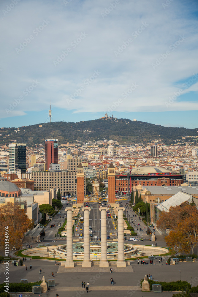 Barcelona center seen from above with emphasis on historic avenue with monument of Greek columns and bullfighting stadium Barcelona center seen from above with emphasis on historic avenue with monument of Greek columns and bullfighting stadium