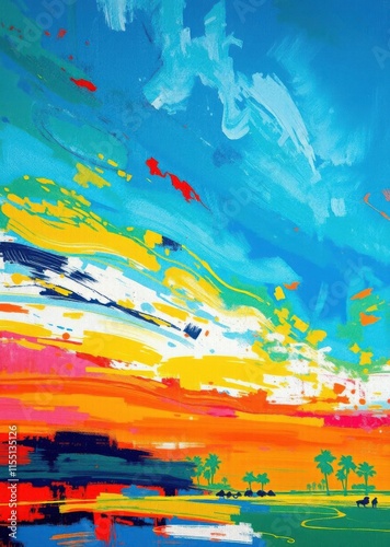 Vibrant abstract sunset landscape, colorful oil painting style, bold brushstrokes, dynamic sky, impressionistic, orange and blue color palette, expressive artwork, tropical palm trees silhouette, ener