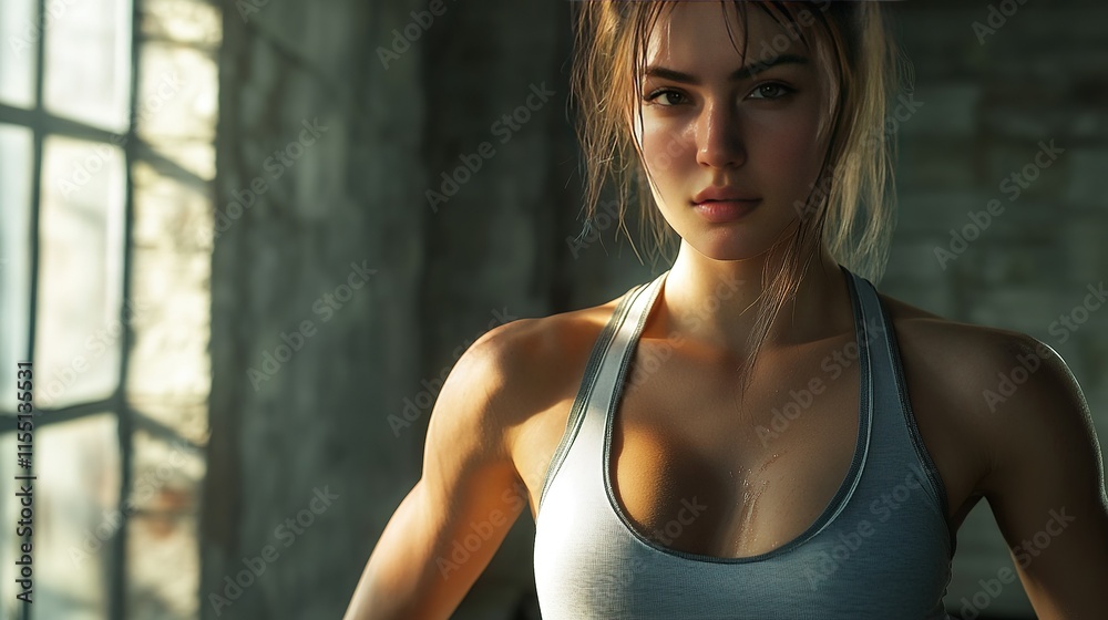 Fototapeta premium Woman wearing tank top with studio as a gym.