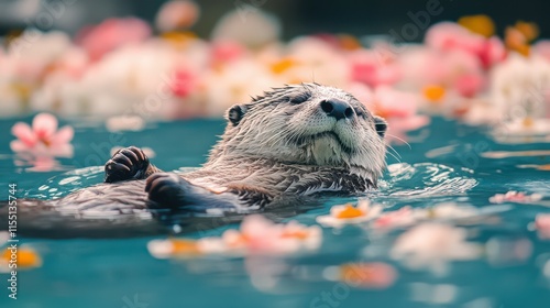 Serene Otter in a Floral Paradise.