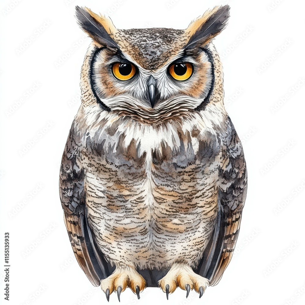 Fototapeta premium Majestic Great Horned Owl Watercolor Painting