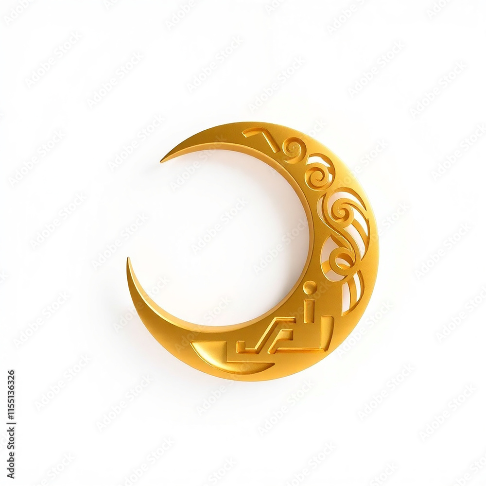 Golden Crescent Moon with Decorative Cutouts. Islamic Symbol, Ramadan, Eid, Celebration. Golden Crescent Moon with Decorative Cutouts. Islamic Symbol, Ramadan, Eid, Celebration.