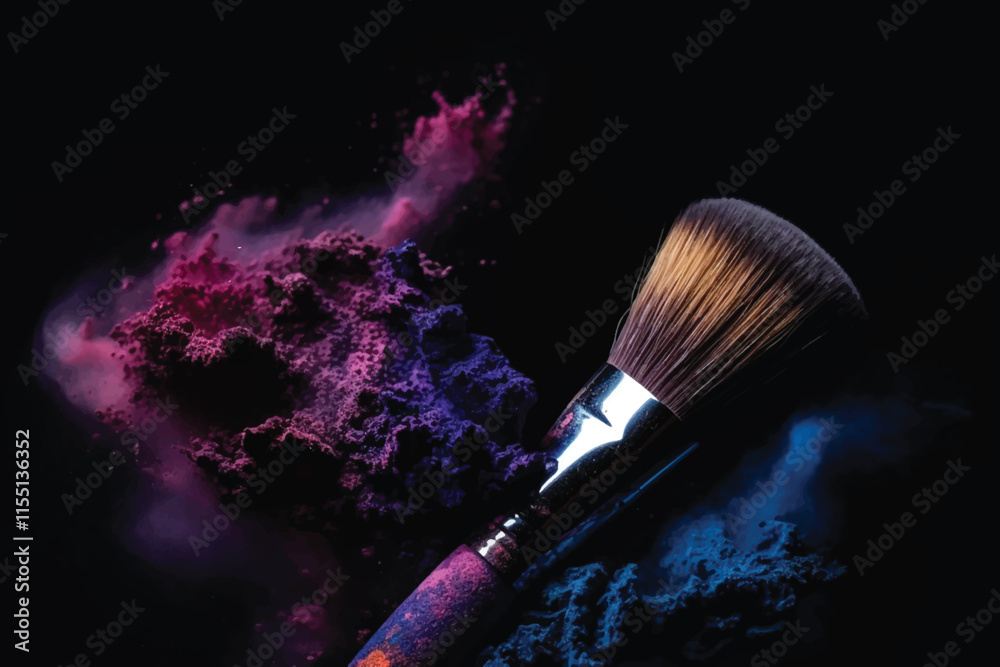 Beautiful explosion of violet powder and makeup brush on a black background. Beauty concept. Cosmetic background.