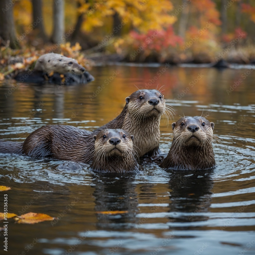 A pair of playful otters swimming in a serene forest lake surrounded by vibrant autumn foliage. A pair of playful otters swimming in a serene forest lake surrounded by vibrant autumn foliage.