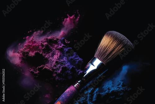 Beautiful explosion of violet powder and makeup brush on a black background. Beauty concept. Cosmetic background.