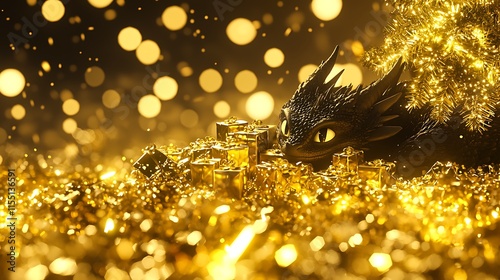 A dragon nestled among golden treasures, creating a magical, enchanting atmosphere. photo