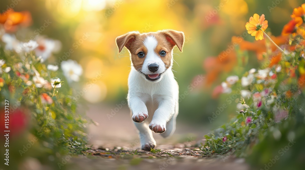 Happy Jack Russell Terrier Puppy Running Through Flowers Happy Jack Russell Terrier Puppy Running Through Flowers