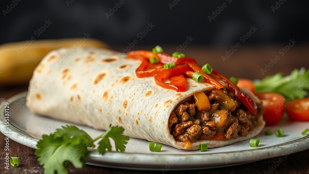 Traditional Mexican food, Beef burritos with meat and beans with vegetable Traditional Mexican food, Beef burritos with meat and beans with vegetable