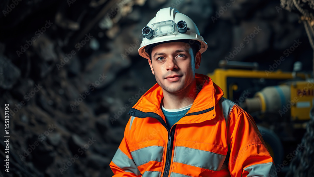 Mine Worker in Safety Jacket and Helmet at Underground Mine Mine Worker in Safety Jacket and Helmet at Underground Mine