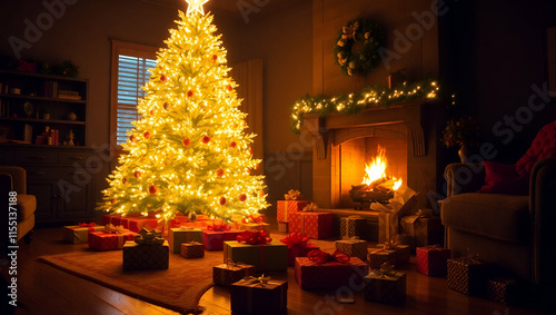 Ambient fireplace and candles in living room with Christmas tree, Generative AI

