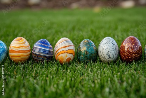 A beautifully colorfully decorated array of Easter eggs, all arranged neatly in a row atop lush, vibrant green grass, symbolizing the joy, love, and festivity that come with the Easter celebration photo