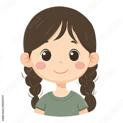 Cute and Happy Cartoon Girl with Braided Hair Wearing a Green Shirt, Featuring a Cheerful Smile and Youthful Innocence in a Playful Doodle Style