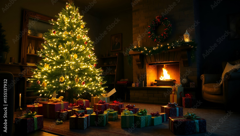 Ambient fireplace and candles in living room with Christmas tree, Generative AI
Ambient fireplace and candles in living room with Christmas tree, Generative AI