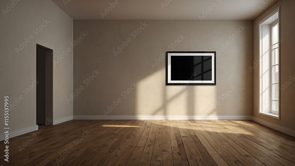 A modern living room with a large window, black sofa, and a blank white canvas on the wall A modern living room with a large window, black sofa, and a blank white canvas on the wall