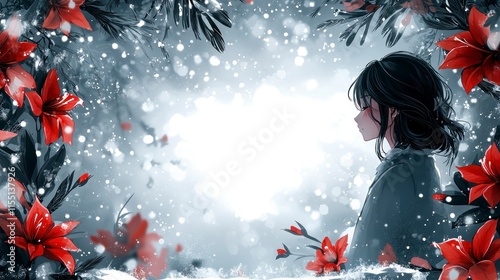 Beautiful Winter Scene Featuring a Young Woman Surrounded by Red Flowers and a Snowy Background, Ideal for Holiday and Christmas Themes in Manga Style photo