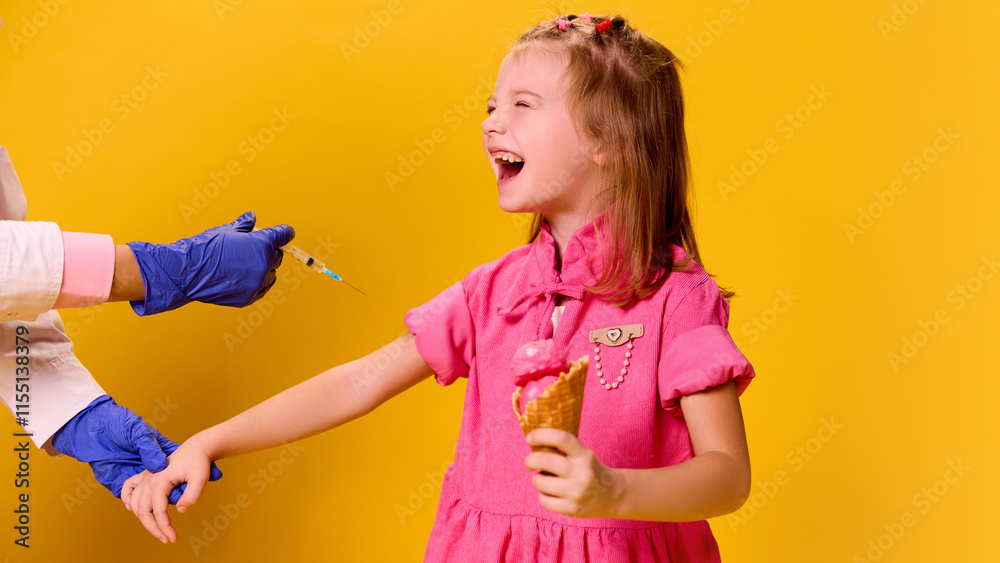 Girl in pink dress laughing nervously, gripping ice cream cone tightly as doctor with syringe approaches against yellow studio background. Concept of healthcare, protection, immunity, prevention. Girl in pink dress laughing nervously, gripping ice cream cone tightly as doctor with syringe approaches against yellow studio background. Concept of healthcare, protection, immunity, prevention.