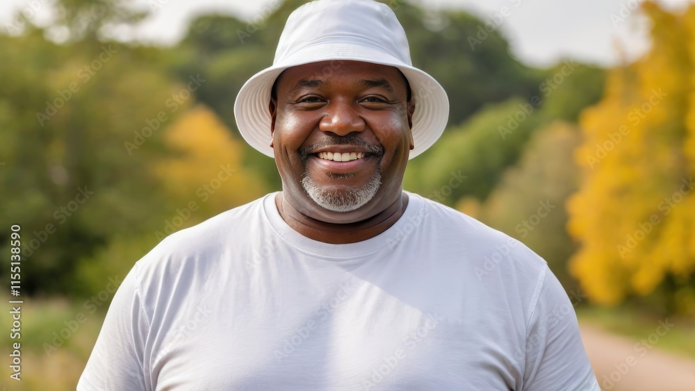 Plus size black man wearing white t-shirt and white bucket hat standing in nature