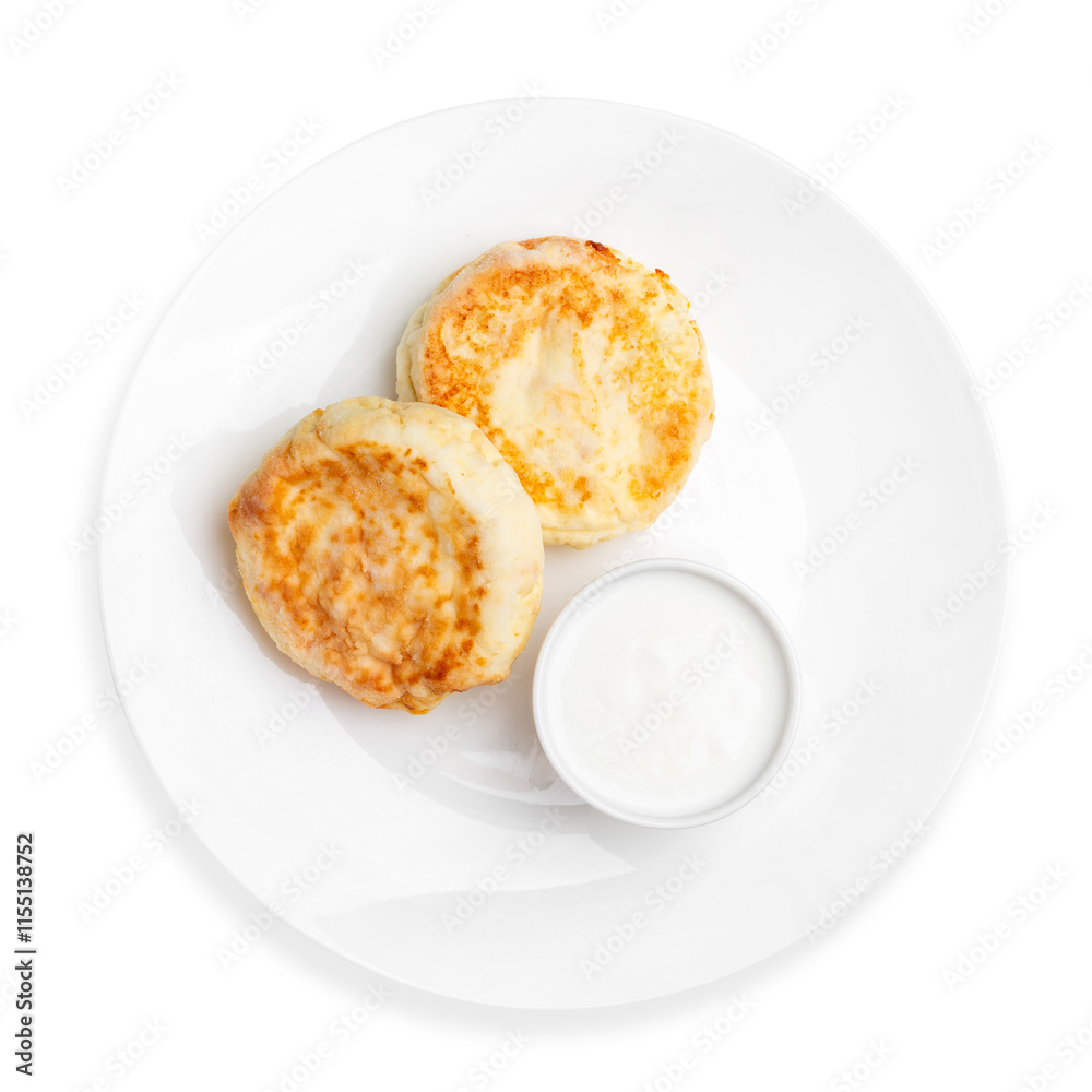 Cheese curds with sour cream, on a white background, isolated. Top view. Breakfast Cheese curds with sour cream, on a white background, isolated. Top view. Breakfast