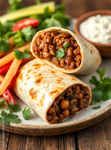 Traditional Mexican food, Beef burritos with meat and beans with vegetable