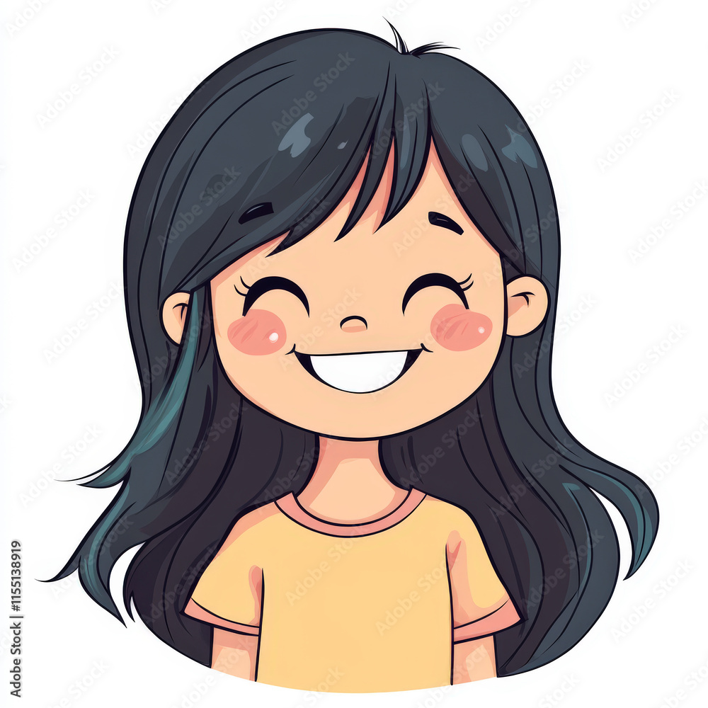 Cheerful cartoon girl with flowing black hair wearing a yellow t-shirt, smiling brightly in a playful and vibrant illustration style Cheerful cartoon girl with flowing black hair wearing a yellow t-shirt, smiling brightly in a playful and vibrant illustration style