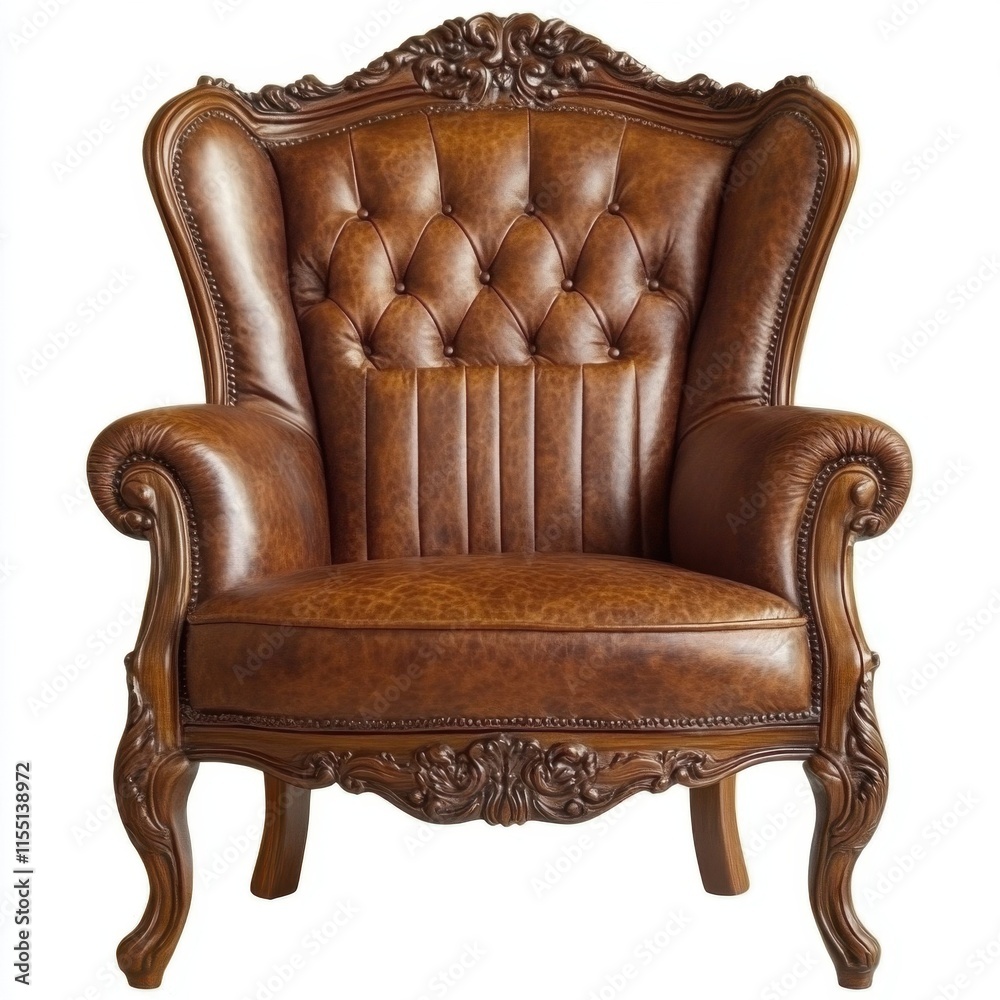 Luxurious Brown Leather Wingback Armchair with Ornate Wooden Frame. Luxurious Brown Leather Wingback Armchair with Ornate Wooden Frame.