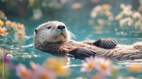 Serene Sea Otter in Blooming Flowers