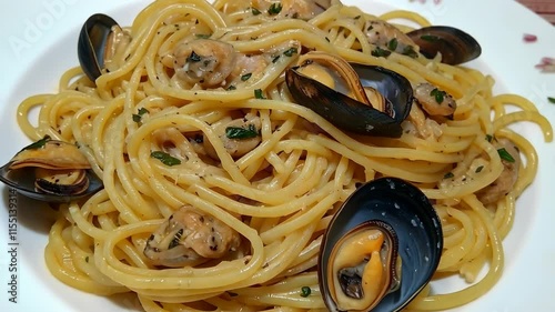 Delicious seafood spaghetti made with fresh clams and mussels served on a white plate