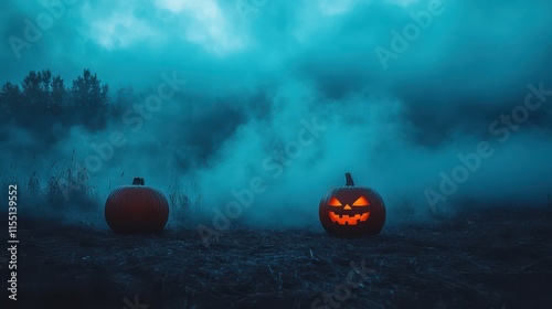 Spooky Halloween Pumpkins in Foggy Field photo