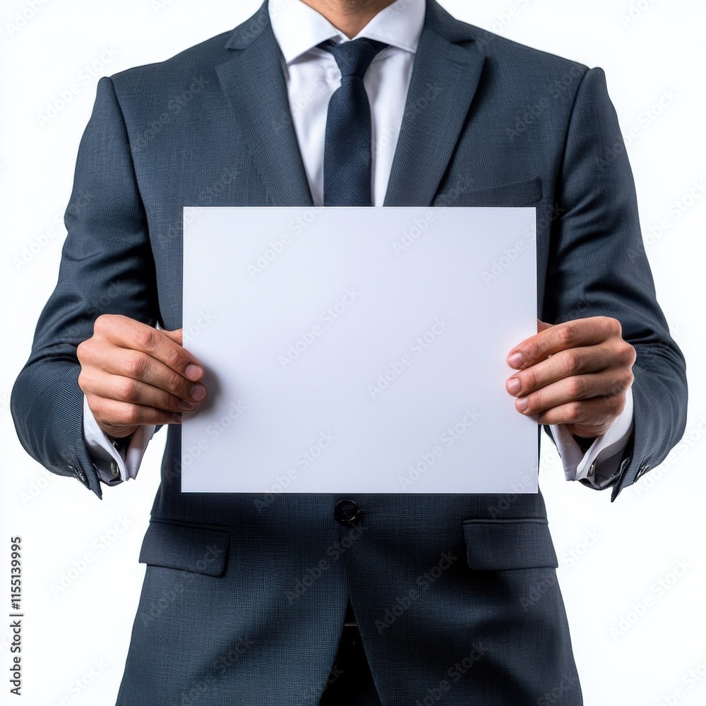 Professional man in formal attire holding a blank document in a studio setting during the daytime