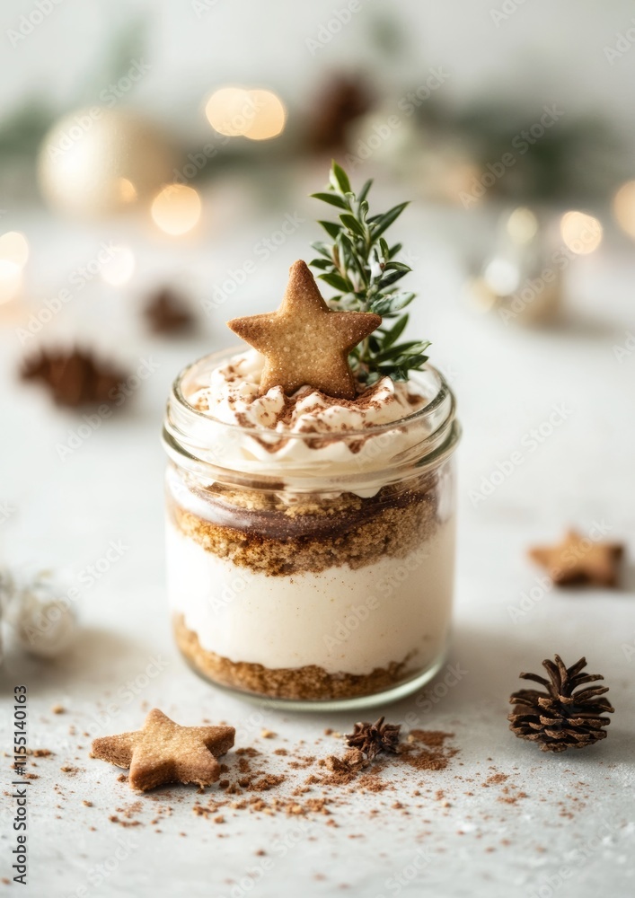 Delicious Speculoos Tiramisu Dessert in a Glass Jar with Star Cookie and Holly for Holiday Season Delicious Speculoos Tiramisu Dessert in a Glass Jar with Star Cookie and Holly for Holiday Season