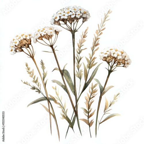 Watercolor painting of wildflowers and grasses.