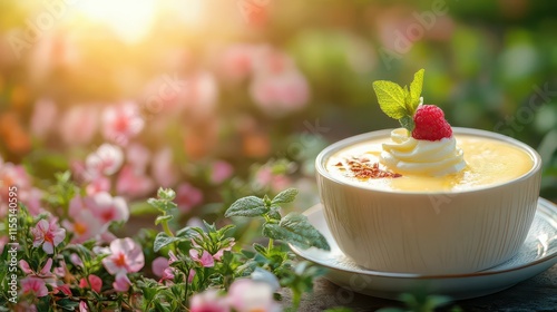 Creamy Lemon Dessert with Raspberry in a Garden Setting