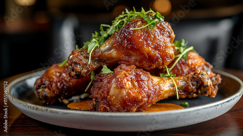 Crispy, glazed chicken drumsticks on a dark plate, garnished with herbs.