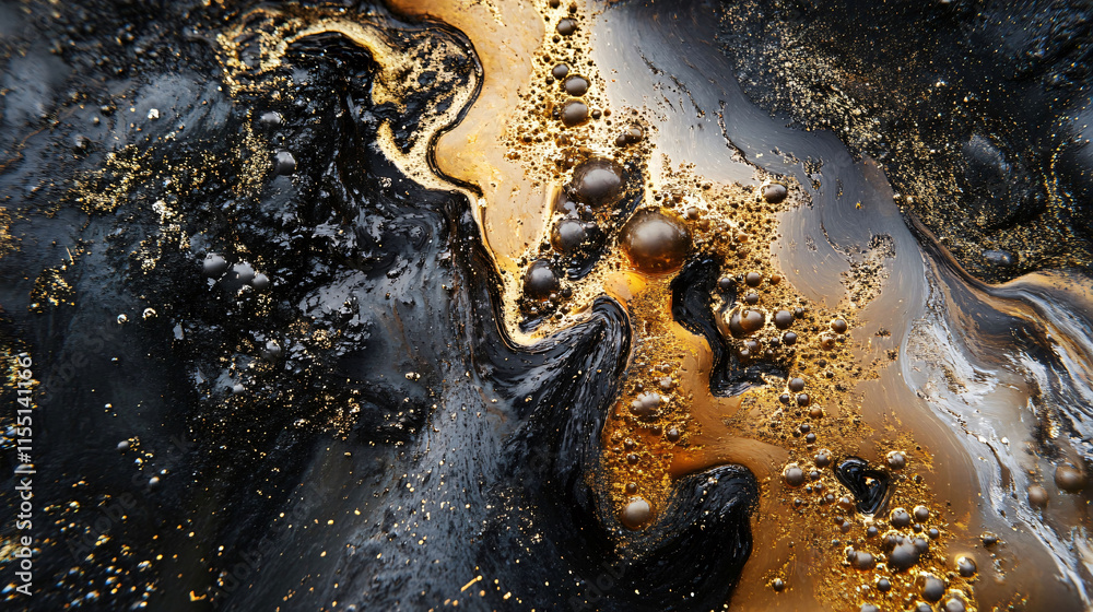 Abstract Close-Up of Black and Gold Fluid Art Displaying Swirls and Textures in an Artistic Composition Abstract Close-Up of Black and Gold Fluid Art Displaying Swirls and Textures in an Artistic Composition