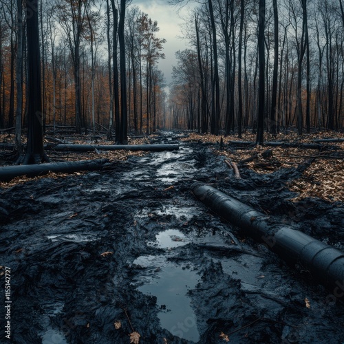 Dark aftermath of forest fire with charred trees and muddy ground reflecting overcast sky photo