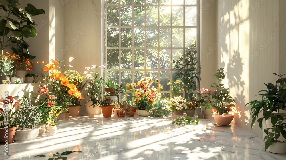 Sunlit room with various potted plants and flowers. Sunlit room with various potted plants and flowers.