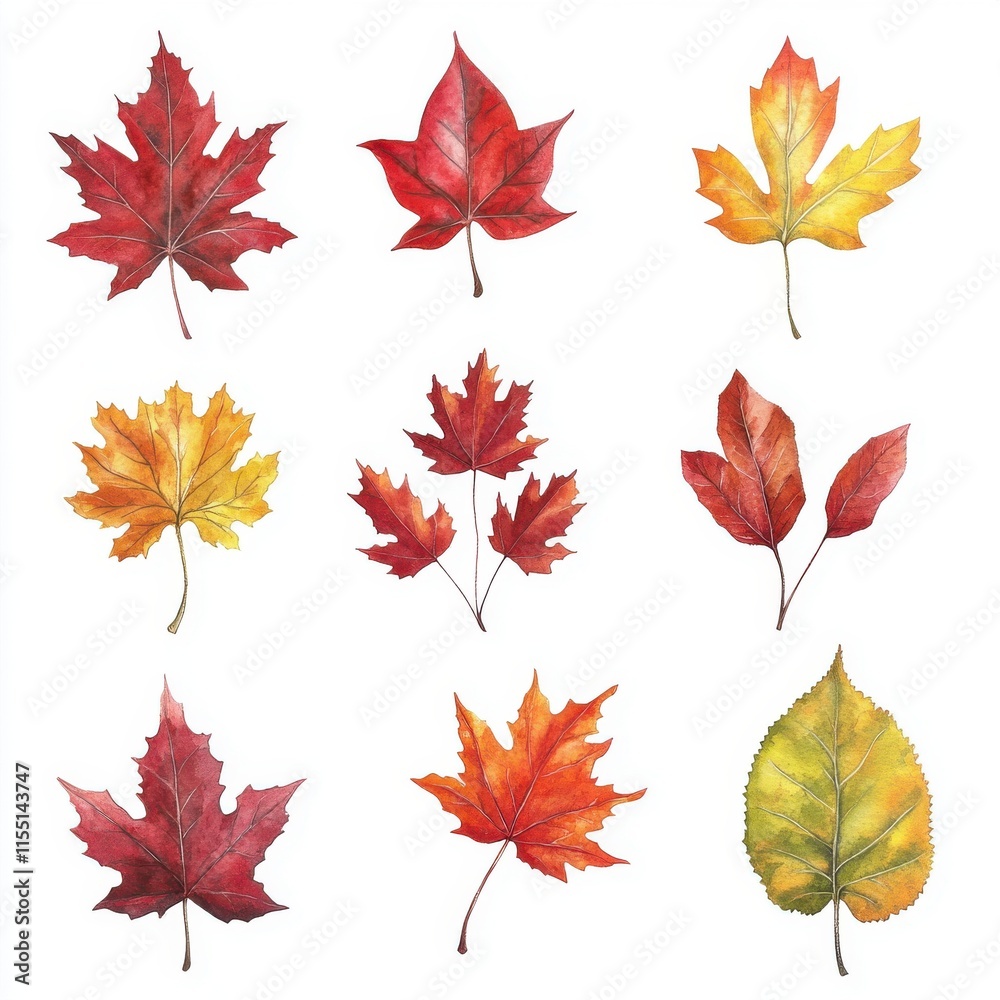 A vibrant collection of watercolor leaves showcasing autumnal colors, emphasizing reds, yellows, and oranges. A vibrant collection of watercolor leaves showcasing autumnal colors, emphasizing reds, yellows, and oranges.
