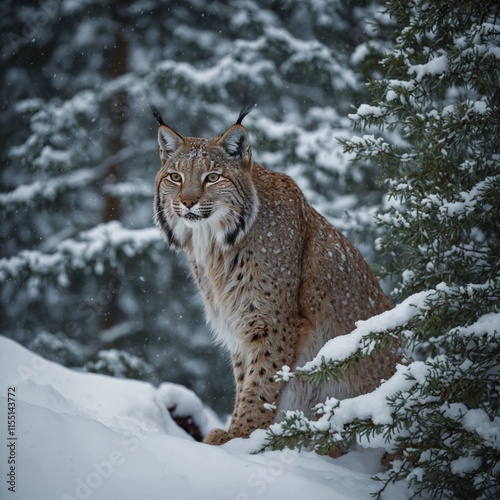 A lynx blending into the snow-covered forest in the mountains.