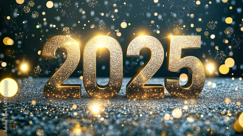 Golden 2025 amid festive glitter and celebration light.