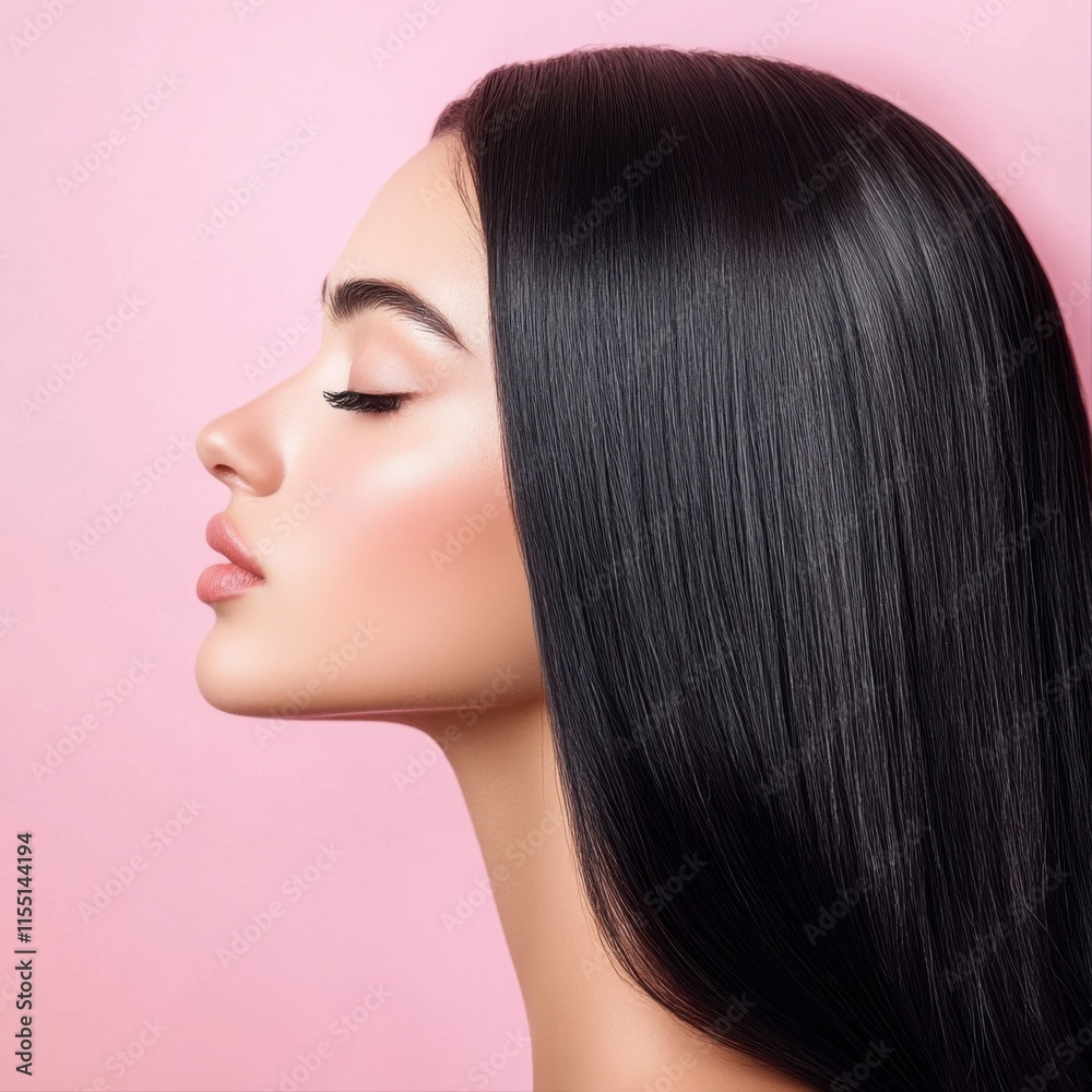 Obraz premium Stunning profile showcasing smooth, glossy hair against a soft pink background