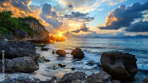 Dramatic Sunset over Tropical Beach.  Coastal Landscape, Travel Destination