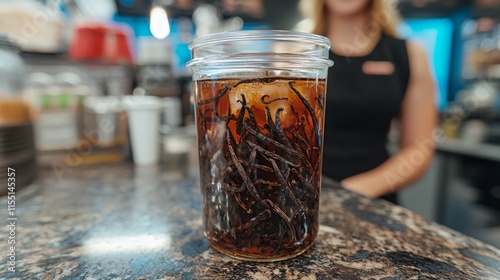 Vanilla Beans Soaking in Jar for Flavor Extraction Process