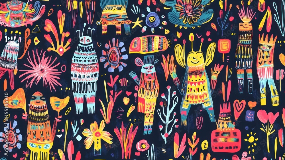 Vibrant Psychedelic Tribal Creatures and Flora Seamless Pattern Vibrant Psychedelic Tribal Creatures and Flora Seamless Pattern