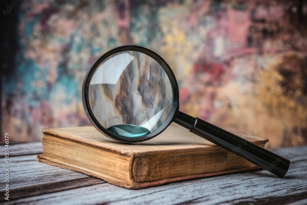 A magnifying glass rests on an old, weathered book against a colorful abstract background. A magnifying glass rests on an old, weathered book against a colorful abstract background.
