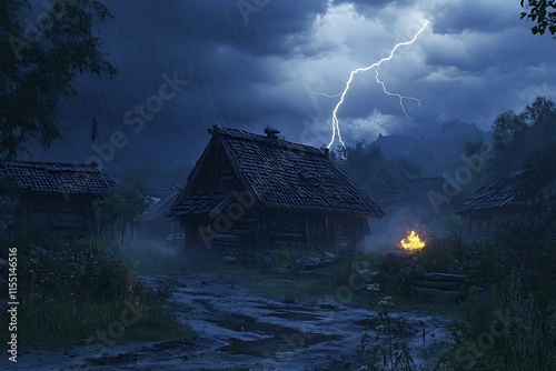 Lightning strikes over the village at sunset Dramatic sky with lightning