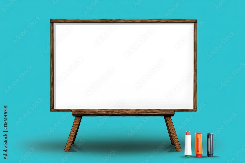 A clean, wooden-framed whiteboard on a vibrant turquoise background with colorful markers lined up beneath it. A clean, wooden-framed whiteboard on a vibrant turquoise background with colorful markers lined up beneath it.