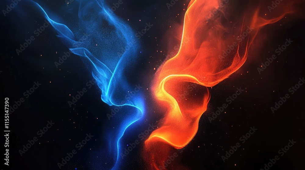 Swirling blue and orange hues merge in a fluid motion, portraying a captivating contrast that symbolizes energy and duality in a dark backdrop
