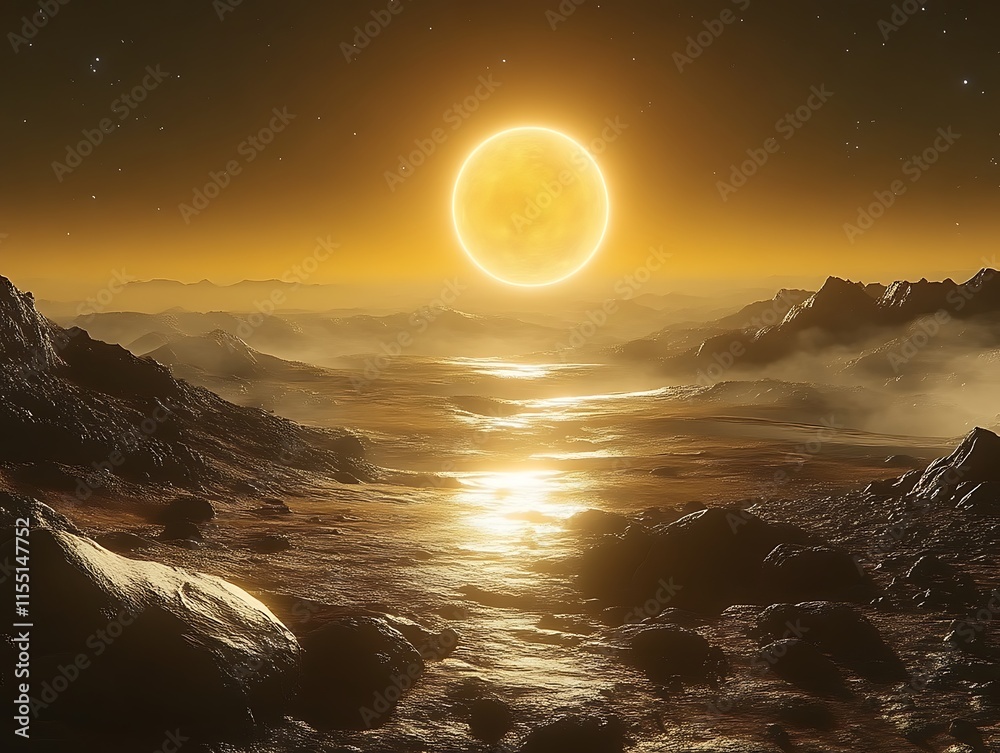 Alien planet landscape with large sun. Alien planet landscape with large sun.