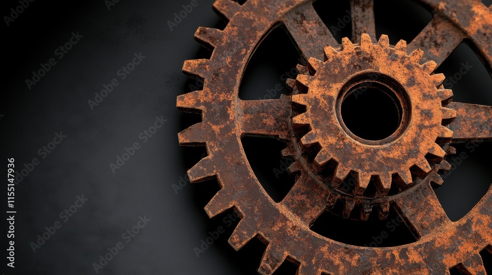 Close-up of a rusted metal gear against a dark background, showcasing intricate details and textures. Close-up of a rusted metal gear against a dark background, showcasing intricate details and textures.